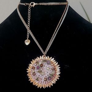 Vintage BETSEY JOHNSON Woven Collection Large Sunflower Pendant Necklace.